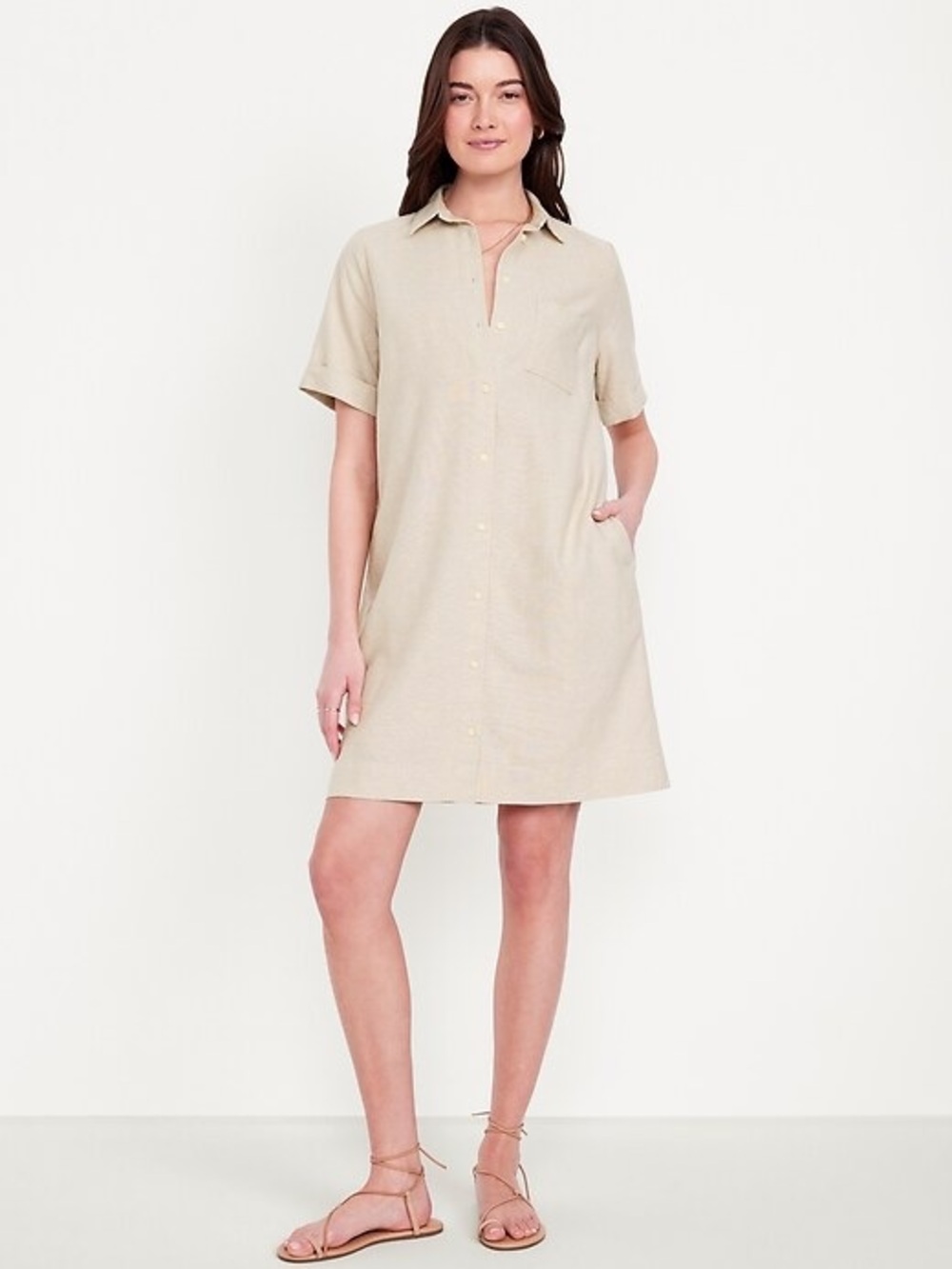 Old Navy Linen-Blend Button-Down Shirt Dress - Neutral